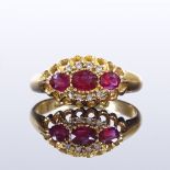 An early 20th century 18ct gold ruby and diamond cluster half hoop ring, maker's marks FM, hallmarks