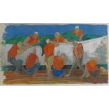Eric Gibberd (1897 - 1972), oil sketch on paper, men uncovering a boat, 14.5" x 26", framed Very