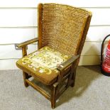 An Antique Orkney chair, with woven rush back and embroidered squab cushion, back height 82cm