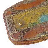 A French Art Nouveau leather-covered dressing table case, the lid having inset gilded spelter