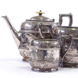 A Victorian electroplate 3-piece tea set with engraved chinoiserie designs