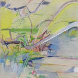 Pauline Vincent, oil on board, abstract 1978, signed with Exhibition label verso, 19" x 19",