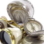 A mixed group, including 2 steel-cased compasses, a pair of mother-of-pearl and brass opera glasses,