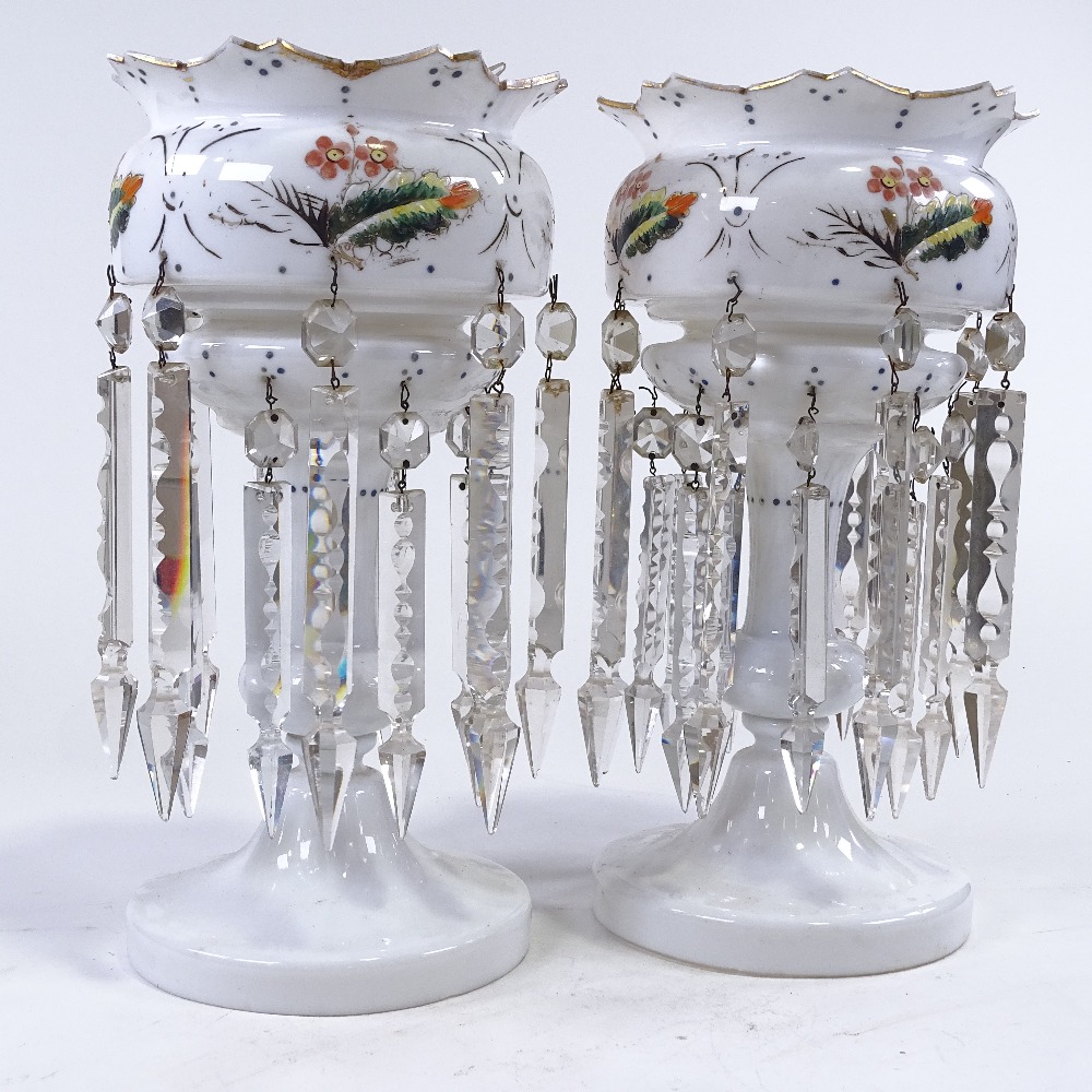 A pair of Victorian milk glass table lustres, with clear glass arrowhead drops and painted - Image 2 of 3