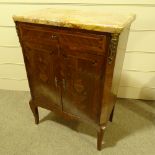 A French walnut and marquetry inlaid side cupboard, with marble top and ormolu mounts, width 68cm,