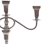 A George V silver 3-light candelabra, square tapered form with beaded edge, scrolled arms, removable
