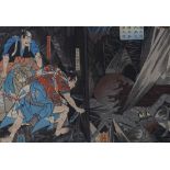 Yoshikazu, triptych circa 1850, slaying of the earth spider, framed and glazed, overall frame size