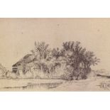 Rembrandt, drypoint etching on laid paper, farm landscape, plate 3.25" x 8.25", mounted