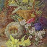 Vincent Clare (1855 - 1930), oil on canvas, still life, bird's nest and flowers on a mossy bank,