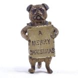 Austrian cold painted bronze Pug dog holding an A-board "A Merry Christmas A Happy New Year", no