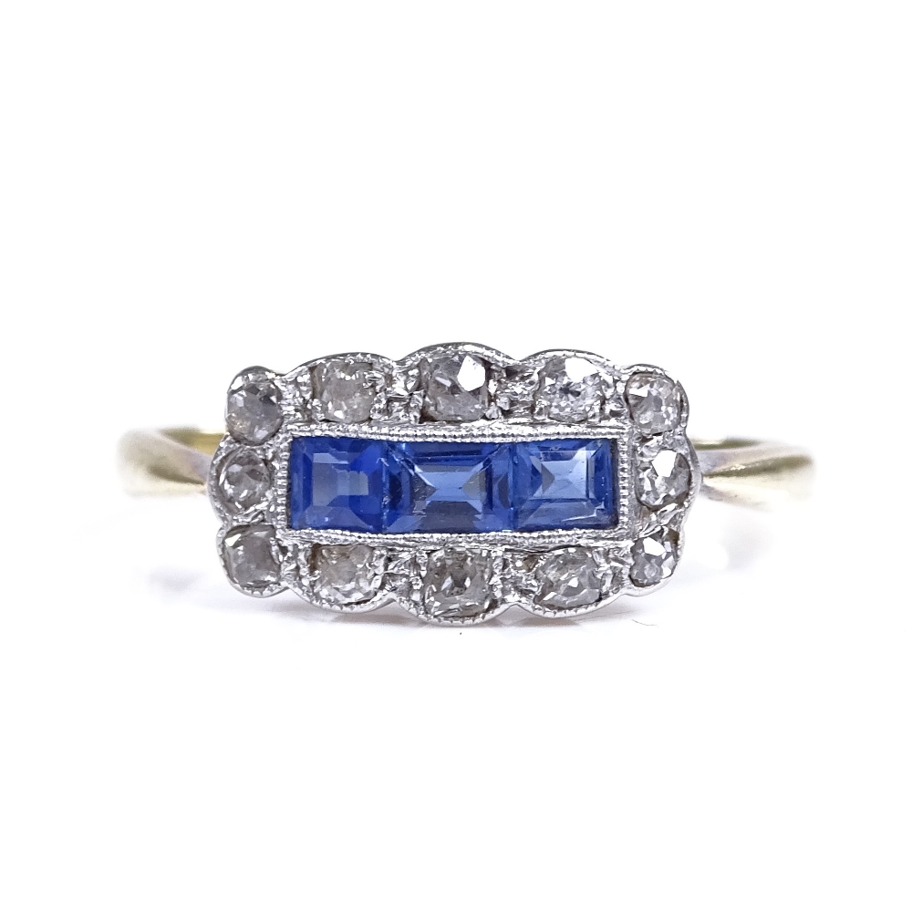 An Art Deco 18ct gold sapphire and diamond cluster panel ring, total diamond content approx 0.
