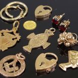 Various 9ct and unmarked gold, including masonic pendant, heart padlock, 2010 Cook Islands 0.5g .999