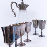 Moulded glass Claret jug with plated mounts, a cased set of 4 plated goblets, and 2 others