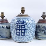 A group of 3 Chinese blue and white porcelain ginger jar table lamps, largest height excluding