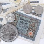 A quantity of early 20th century German hundred Mark banknotes, large commemorative medal and coins