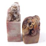 2 Chinese carved and polished soapstone seals, Dog of Fo and dragon topped, largest height 9cm (2)