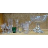 A cut-glass table centre pedestal bowl, air stem ale glass, eye bath etc