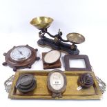 A brass pan kitchen scale and weights, photo frames, barometer etc