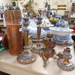 A copper canister with glass dishes, 3 pairs of candlesticks, tallest 29cm, a clock and a barometer