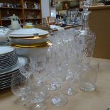 A glass decanter and 6 goblets, 6 Sherry glasses with cut stems etc