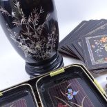 A modern Vietnamese mother-of-pearl inlaid ebonised ginger jar, Japanese tea tray set, oval brass