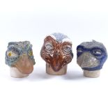 3 Martin Brothers replica Studio pottery grotesque bird head jar covers, largest overall height 13cm