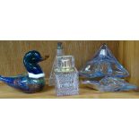 Various empty perfume bottles, including L'Amour Lalique, Mugler Angel, and glass duck