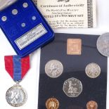 Various proof coin sets, miniature US silver mint set, Elizabeth II Imperial Service medal etc