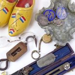 Various collectables, including travelling seal set, Policeman's whistle, German brass matchbox