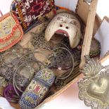 Various Oriental items, including unmarked white metal necklace, silk bags, painted wood mask,