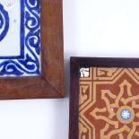 2 faience ceramic pottery tiles, 15cm x 15cm, and 20cm x 20cm, both hardwood framed (2)