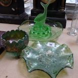 An Art Deco green glass table centre bowl, by Joseph Inwald, Carnival glass dish and bowl