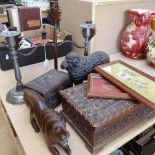 Victorian cast-iron ram design doorstop, pewter candlesticks, a pair of detailed needlework Corgi