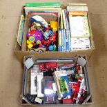 Children's toys and books, and a box of diecast cars, and other vehicles