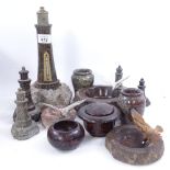 A group of serpentine marble, including a lighthouse thermometer, height 25cm