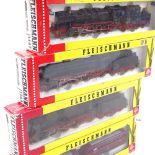 3 Fleischmann HO gauge model railway locomotives and tenders, and a Fleischmann pair of passenger