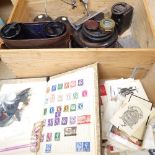 Japanese cased binoculars, Chinese hardwood stands, ephemera etc (boxful)