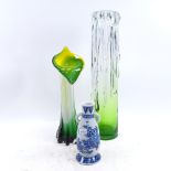 A glass vase with trailed applied decoration, 40cm, a smaller glass vase, and an Oriental blue and