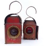 2 painted metal Vintage railway lamps, with coloured glass bullseye lenses