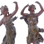 After Auguste Moreau, a pair of Art Nouveau patinated spelter sculptures, Rose D'Avril and Le