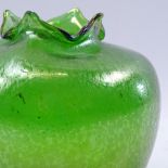 A green lustre glass vase with frill rim and polished pontil, height 15cm