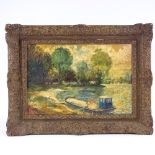 Early 20th century oil on board, impressionist river scene, indistinctly signed, 13" x 19", framed