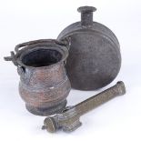 A Chinese bronze scribe's case, an Islamic metal pot with swing handle, and a 19th century metal