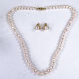 A single-strand cultured pearl necklace with 14ct diamond set barrel clasp, and a pair of unmarked