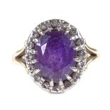 An early 20th century 18ct gold amethyst and diamond cluster dress ring, setting height 14.2mm, size