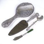 Various silver, including dressing table hand mirror, greenstone-handled butter knife etc (4) Lot