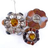 3 Scottish unmarked white metal hardstone and gem set brooches, largest diameter 53.5mm, 54.8g total