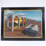 Oil on board, surrealist composition, indistinctly signed, 16" x 22", framed Good condition