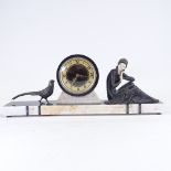 An Art Deco 2-colour marble mantel clock, surmounted by spelter woman and pheasant, replacement