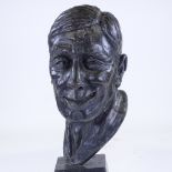 A silver patinated plaster maquette head sculpture of a man, on marble base, unsigned, height 49cm